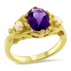 Vintage Estate Natural Amethyst Three Stone Filigree Ring. Freshwater Pearl Accent Stones. 925 Solid Sterling Silver. 24K Gold Overlay. Stamped 925.  Excellent Condition/Like New. Gold Amethyst Birthstone Ring Heirloom Style, Gold Heirloom Amethyst Ring, Heirloom Gold Amethyst Birthstone Ring, Gold Heirloom Amethyst Birthstone Ring, Heirloom Gold Birthstone Ring With Amethyst, Heirloom Amethyst Birthstone Ring In Gold, Heirloom Gold Amethyst Ring With Center Stone, Classic Gold Amethyst Multi-stone Ring, Gold Heirloom Amethyst Gemstone Ring