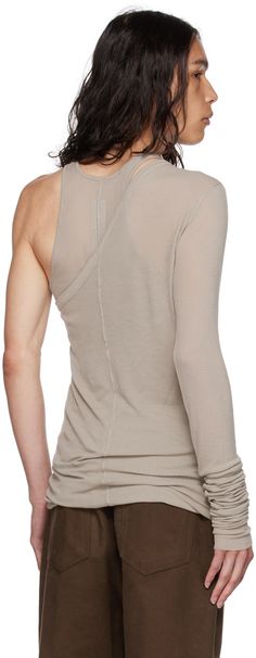 Rib knit FSC®-certified viscose- and silk-blend tank top. Convertible sleeve overlay for alternate styling. · Layered construction · Asymmetric neck · Raw edge at cuff · Racerback · Central seam at back Supplier color: Pearl Orange Rick Owens, Rick Owens Tank Top, Rick Owens Spring 2024 Menswear, Rick Owens, Raw Edge, Rib Knit, Convertible, Women Wear, Tank Top