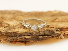 a silver ring sitting on top of a piece of driftwood next to a rock