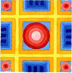 an abstract painting with blue, yellow and red squares in the center on a white background