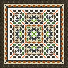 a quilt with an intricate design on the front and back side, in shades of brown, green, orange and white