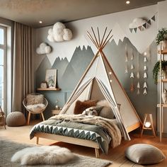 a bedroom with a teepee tent and mountains on the wall