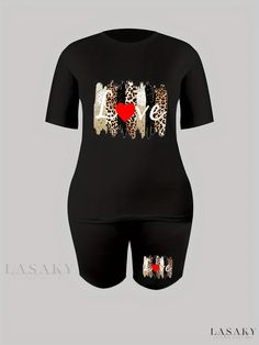 Lasaky - Chic Print Two-Piece Ensemble: Short Sleeve Summer Casual T-Shirt and Shorts Set, Womens Apparel Black Printed Short Sleeve Sets, Summer Printed Sets With Crew Neck, Casual Printed Set With Crew Neck, Casual Printed Crew Neck Set, Womens Apparel, Casual T Shirt, Casual Fit, T Shirt And Shorts, Shorts Set