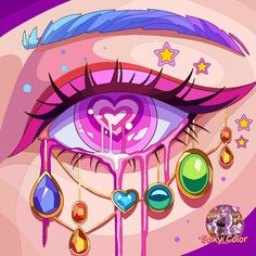 an eye with jewels hanging from it's sides and stars on the side,