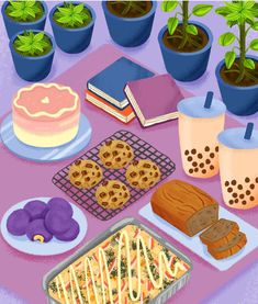 there are many different foods on the table and in front of them is a cake