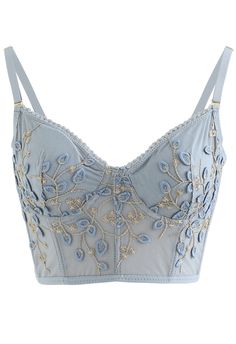 Walking down the street and be the enchanting beauty wearing this exquisite bustier bra top. Featuring the delicate embroidery and breathable fabric can both look stunning and stay comfy all day long. It's feasible to wear it layered up or on its own. Style it with your imagination to create different looks.    - Cropped length  - Adjustable straps  - Underwire and corset bones supportive  - Branch embroidery  - Removable padded cups  - Hook and eye closure  - Not lined  - 100% Polyester  - Hand Bra Top Outfit, Branch Embroidery, Blue Corset Top, Magic Clothes, Blue Corset, Corset Bra, Blue Bra, Delicate Embroidery, Mesh Bra