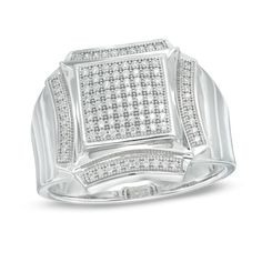 This contemporary diamond fashion ring is a mesmerizing look. Crafted in sterling silver, this bold style features a squared composite of shimmering diamonds bordered with curved ribbons of diamonds. The stepped shank lends interest to the design. Radiant with 1/3 ct. t.w. of diamonds, this comfort-fit ring is finished with a polished shine. Custom-made to fit his ring size. Sterling silver rings cannot be resized after purchase. Modern Silver Diamond Ring With Pave Setting, White Signet Ring With Diamond Accents In Fine Jewelry, White Signet Ring With Diamond Accents, Luxury Silver Diamond-shaped Rings, White Gold Rectangular Diamond Ring With Polished Finish, Luxury Diamond-shaped Silver Rings, Rectangular White Gold Diamond Ring With Polished Finish, Modern White Diamond Ring With Accents, White Gold Diamond Signet Ring Rectangular