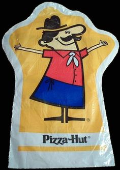 a plastic bag with a cartoon character on it's side and the words pizza hut written