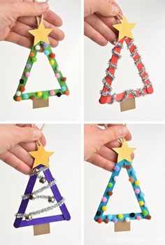 four different christmas tree ornaments made out of popsicle sticks and colored beads are being held by someone's hand