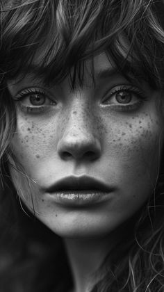 a black and white photo of a woman with freckles on her face looking at the camera