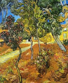 an image of a painting of trees in front of a yellow house with blue sky