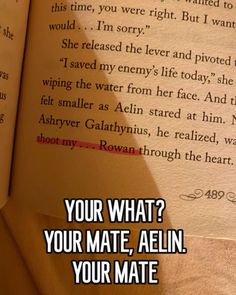 an open book with the words, your what? your mate, aelin your mate