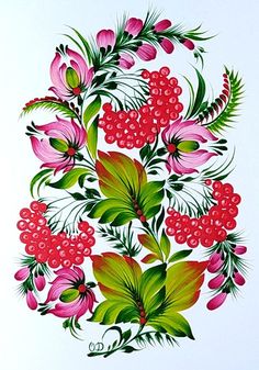 a painting of pink flowers and green leaves on a white background with red berries in the center