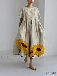 Lasaky - Everyday Essential Wrap Dress Casual Sunflower Print Spring Dress, Casual Yellow Sunflower Print Dress, Spring Beach Dress With Sunflower Print, Casual A-line Midi Dress For Daytime, Casual Sunflower Print Beach Dress, Yellow Vacation Dress With Pockets, Yellow Beach Dress With Pockets, Yellow Dress With Pockets For Vacation, Cotton Summer Dress With Sunflower Print