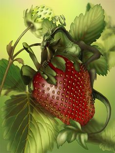 a drawing of a strawberry with leaves and flowers on it's back end, sitting on top of a green leafy branch