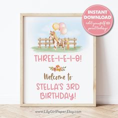 there is a birthday card with a horse and balloons on the fence in front of it