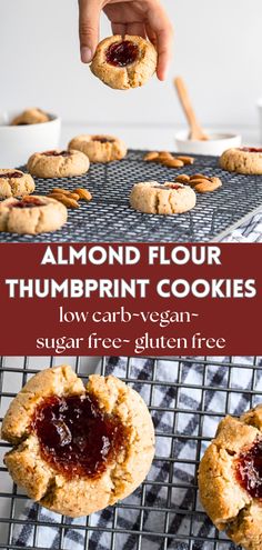 almond floured cookies on a cooling rack with the words, almond floured thumbprint cookies low carb - vegan sugar free gluten free