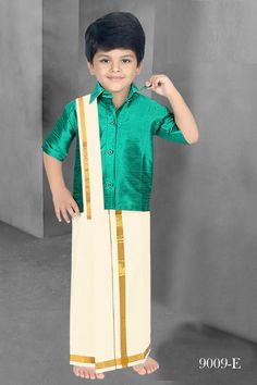 roduct Description South Indian Kids Dhoti Half Sleeves Shirt With Mundu - Angavastram Traditional Onam - Ethnic Dress For Boy's kurta pajama / annaprasana Type - Shirt & Mundu With AngavastramMaterial - SilkNeck - Collar NeckSleeves - Half SleevesClosure - Front Button ClosureFit - Regular fit Fabric : Quality silk fabric Actual color of the dress may slightly vary due to the screen resolution. Care: Hand & cold wash/dry-cleaning Size may slightly vary depending on the style of the dress. Refer Green Long Sleeve Sets For Navratri, Festive Traditional Fitted Shirt, Traditional Short Sleeve Festive Shirt, Traditional Festive Short Sleeve Shirt, Traditional Short Sleeve Kurta For Navratri, Festive Kurta For Navratri With Short Sleeves, Festive Short Sleeve Kurta For Navratri, Short Sleeve Sets With Pallu For Navratri, Navratri Kurta With Short Sleeves