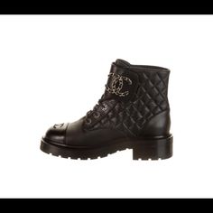 Authentic. Never Worn. Size 12. Brand New. Luxury Ankle-high Combat Boots For Women, Combat Boot Chanel, Chanel Moto Boots, Chanel Black Ankle Boots, Chanel Ankle Boots, Chanel Boots Farfetch, Chanel Mules, Beige Espadrilles, Chanel Heels