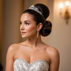 a woman in a wedding dress wearing a tiara on her head and looking off to the side