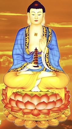 a buddha statue sitting on top of a lotus flower in front of an orange sky