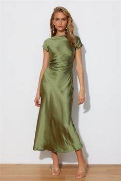 Faithful Nights Satin Midi Dress Olive Glitter Prom Dresses, Guest Attire, Short Summer Dresses, Sequin Prom Dresses, Prom Dress Shopping, Green Prom Dress, Satin Prom Dress, Pink Prom Dresses, Prom Dresses Ball Gown