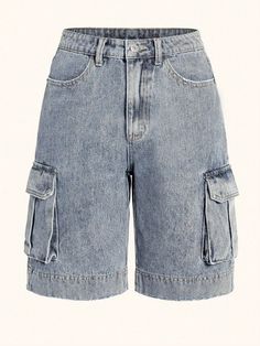 Women's Cargo Pocket Casual Bermuda Loose Denim Shorts Light Wash Casual   Denim Plain Bermuda Non-Stretch  Women Clothing, size features are:Bust: ,Length: ,Sleeve Length: Oversized Jean Shorts, Jean Shorts Long, Bermudas Cargo, Loose Denim Shorts, Long Jean Shorts, Bermuda Cargo, Short Cargo, Oversized Jeans, Y2k Shorts