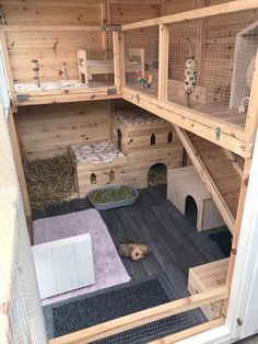 the inside of a wooden house with several cages