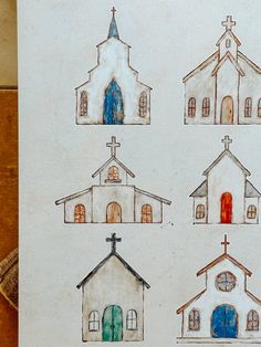 four drawings of different types of churches on white paper with blue and red door frames