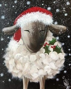 a painting of a sheep wearing a santa hat with holly berries on it's chest