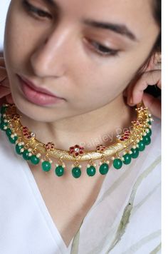 Buy Gold Plated Pink Hasli Necklace Green Choker Necklace Bridal Indian Necklace Indian Hasli Choker Necklace With Green Stones Online in India - Etsy Fusion Style Gold Choker With Tilla, Gold Fusion Choker With Tilla Detail, Gold Fusion Style Choker With Tilla, Gold Fusion Choker With Tilla, Gold Cutdana Choker Necklace, Indian Necklace, Green Necklace, Green Stone, Wedding Necklace