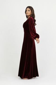 Long Sleeve Evening Dress With Sweep Train For Bridesmaid, Fitted Long Sleeve Bridesmaid Evening Dress, Elegant Full-length Bridesmaid Dresses, Fitted Bodice Long Sleeve Evening Dress For Bridesmaid, Burgundy Maxi Dress For Wedding, Burgundy Evening Dress For Wedding, Elegant Long Sleeve Bridesmaid Dress For Banquet, Burgundy Fitted Bodice Dress For Banquet, Long Sleeve Bridesmaid Dress For Prom Season