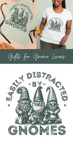 two women standing next to each other with gnomes on them and the words gifts for gnome