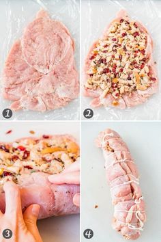 four pictures showing how to make an appetizing meat lollipop recipe with ingredients