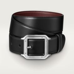 Cartier - Belt, Santos de Cartier - Belt Man Leather - Belt with palladium-finish ardillon buckle, Cartier signature. Reversible black and brown cowhide strap, embossed “Cartier” marking. Dimensions: 35 mm wide x 1,230 mm long. Adjustable Luxury Belts With Rectangular Buckle, Luxury Belts With Rectangular Buckle Closure, Luxury Black Belt With Rectangular Buckle, Designer Black Belt Buckles For Business, Luxury Business Belts With Buckle Closure, Luxury Belts With Buckle Closure For Formal Occasions, Luxury Formal Belt With Buckle Closure, Designer Formal Belts With Rectangular Buckle, Luxury Leather Belt With Buckle Closure