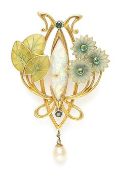 An Art Nouveau Platinum Topped Gold, Opal, Emerald, Pearl and Polychrome Plique-a-Jour Enamel Pendant/Brooch Nouveau Jewelry, Art Nouveau Design, Enamel Brooch, Flowers Leaves, Enamel Jewelry