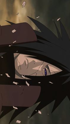 an anime character with black hair and blue eyes looks at the camera while falling leaves