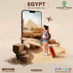 a woman is standing in front of an advertisement for egypt tours