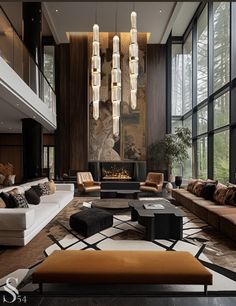 a large living room with couches, chairs and a fire place in the center