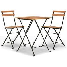 two folding chairs and a small table with one chair on the other side, set against a white background