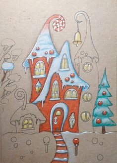 a drawing of a house with trees and candy canes on the outside, surrounded by snow