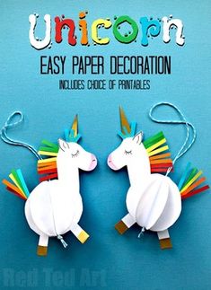 two unicorns made out of paper on a blue background with the words unicorn easy paper decoration