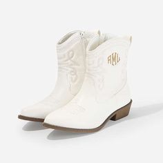 Introducing our Monogrammed Short Cowboy Boots – a perfect blend of Western flair and personalized style. Whether you're stepping out for a night on the town, attending a concert, or simply adding a touch of Western charm to your everyday style, these boots are the perfect companion. The versatile bone hue makes them easy to pair with a variety of outfits, from denim to dresses, ensuring you stay on-trend and stylish in any setting.These boots fit true to size (with room for a th White Snip Toe Mid-calf Boots For Western-themed Events, White Weatern Boots, White Western Style Mid-calf Boots, Fitted White Western Mid-calf Boots, Western Style White Mid-calf Boots Medium Width, Heel Care, Short Cowboy Boots, Boots Fit, Embroidered Boots