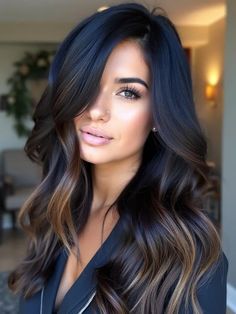 Beautiful Black Hair Color Ideas to Inspire You - Style US Ombre Black Hair, Black Hair With Lowlights, Black Hair With Brown Highlights, Black Hair Color Ideas, 20 Inch Hair Extensions, Deep Black Hair, Soft Black Hair, Black Balayage