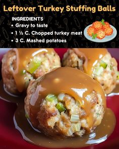 an advertisement for stuffed turkey balls with gravy and vegetables on the top is shown