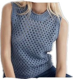 Trendy Blue Sleeveless Sweater, Trendy Sleeveless Blue Sweater, Blue Sleeveless Casual Sweater, Blue Sleeveless Sweater For Spring, Casual Denim Blue Top For Layering, Blue Pointelle Knit Top For Fall, Casual Blue Knitted Top, Casual Light Blue Crew Neck Knit Top, Casual Light Blue Summer Sweater