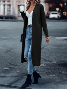 Black Casual Collar Long Sleeve Fabric Plain  Embellished Slight Stretch  Women Clothing Long Black Cardigan Outfit, Green Cardigan Outfit, Black Cardigan Outfit, Cardigan Verde, Long Cardigan Outfit, Rok Midi, Sandal Tali, Áo Len Cardigan, Outfit Cardigan