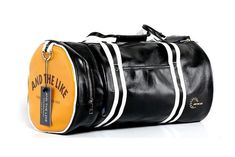 a black and yellow duffel bag on a white background