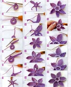 instructions to crochet an orchid flower with pictures on the front and back side