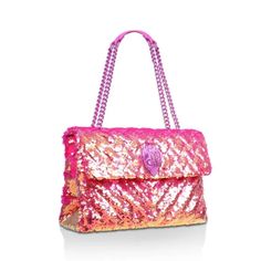 Kurt Geiger Kensington Bag Pink Strap Can Be Worn Single Or Double Snap Flap Closure Two Interior Compartments, Interior Slip Pocket Allover Sequins / Reflective Pink Hardware Signature Eagle Head Embellishment At Front Logo Hardware At Back Pink Adjustable Chain Strap Comes With Origininal Dust Bag Kurt Geiger Kensington Bag, Preppy Closet, Sequin Purse, Shoulder Bag Pink, Sequin Bag, Best Handbags, Eagle Head, Green Sequins, Fashion Wishlist